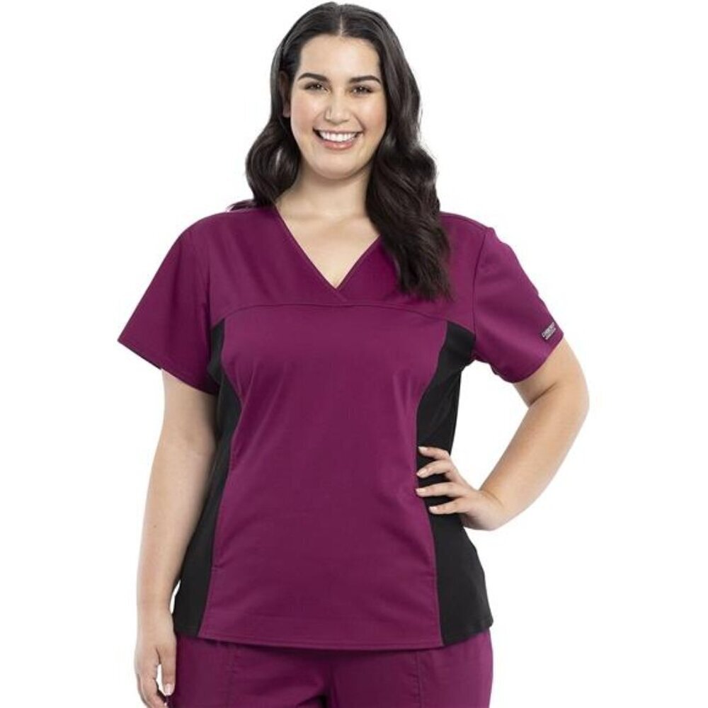V-Neck Knit Panel Scrub Top for Women Modern Classic Fit with Stretch Side